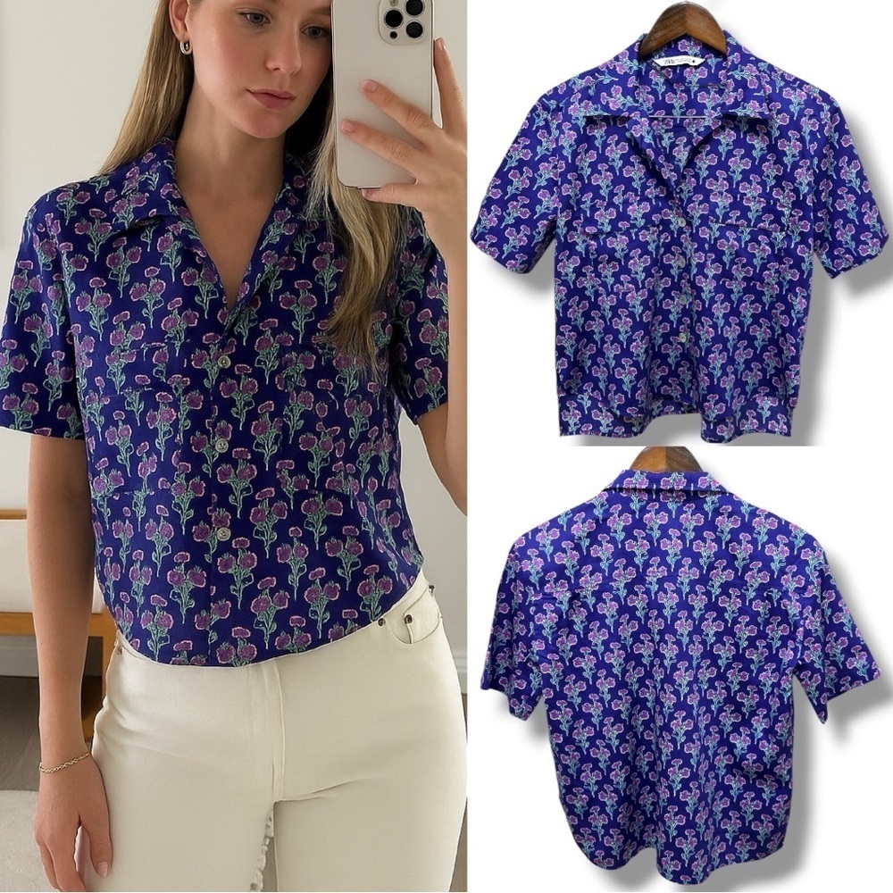 377 ZARA | NWOT Morocco Purple Floral Print Short Sleeve Shirt (size S)